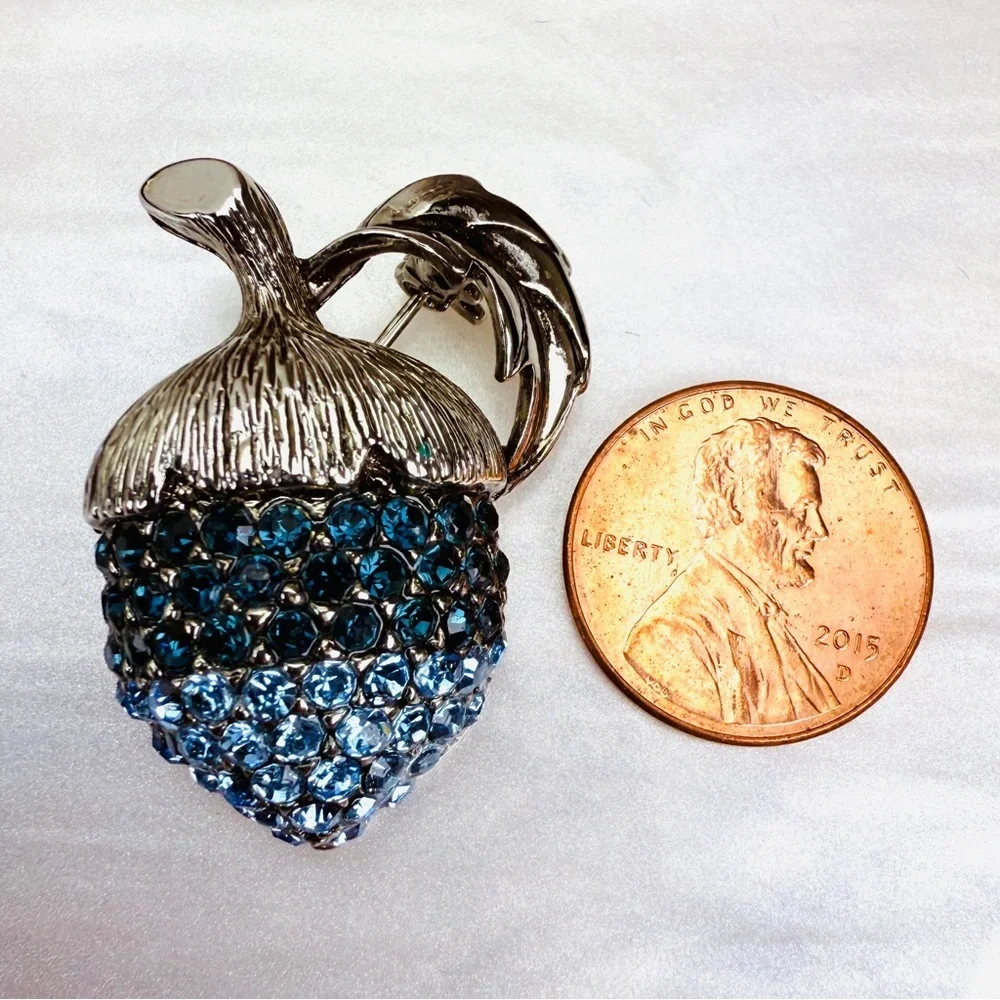 Silvertone and Blue Acorn Brooch Pin